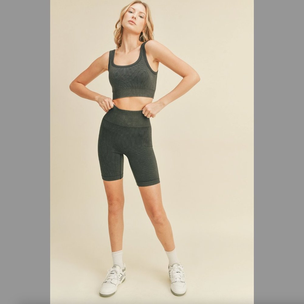 Black Ribbed Seamless Mineral Washed Bra & Biker Set